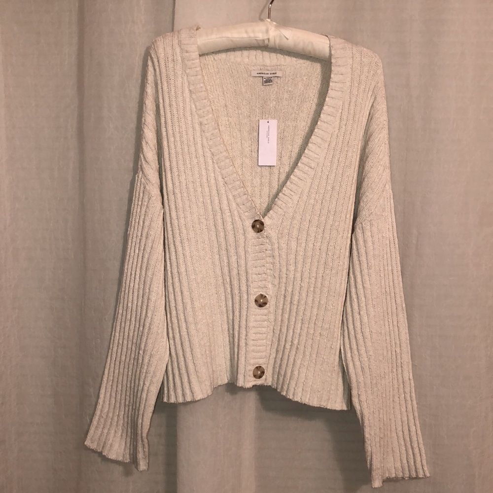 AE XL Ivory Knit Button Front Slouchy Ribbed Pattern Cardigan Sweater